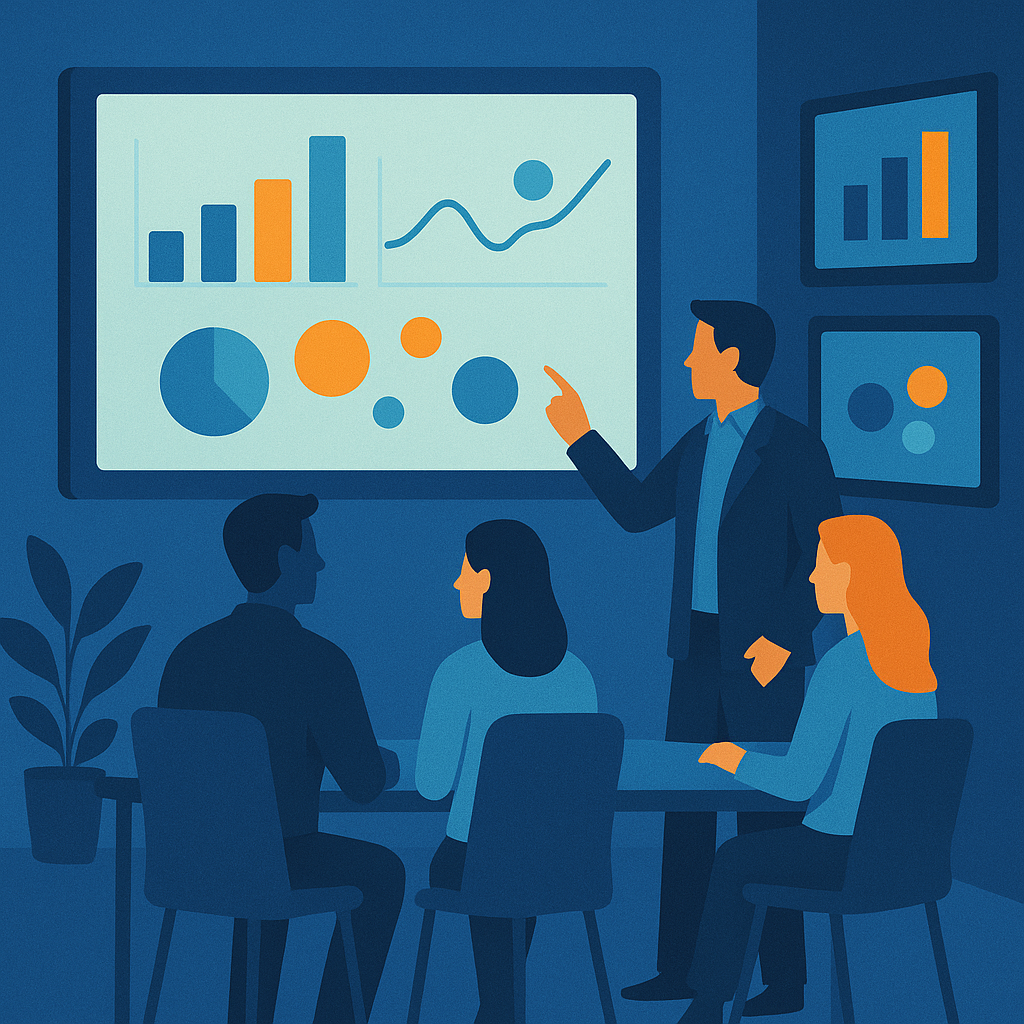 Personas observando pantallas con gráficos abstractos de campañas digitales