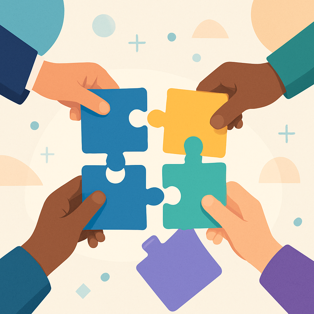 Manos uniendo piezas de rompecabezas de distintos colores como símbolo de coaliciones