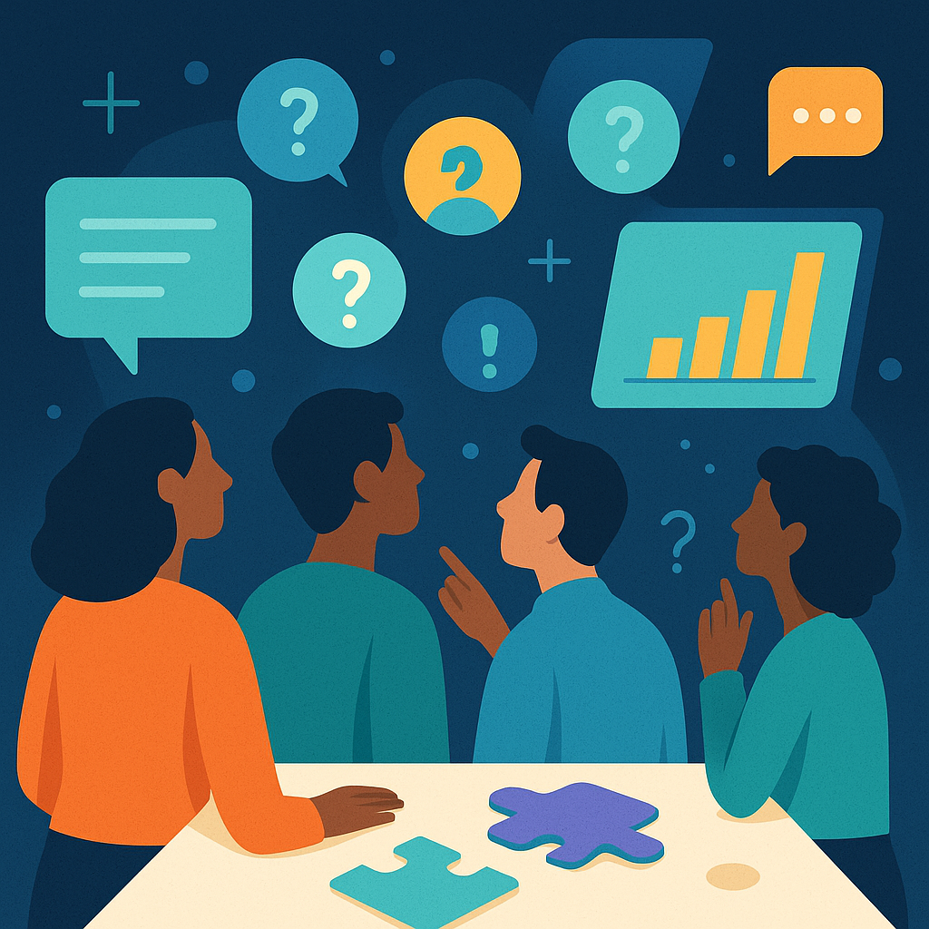 Personas observando pantallas y burbujas de información abstractas en un entorno digital