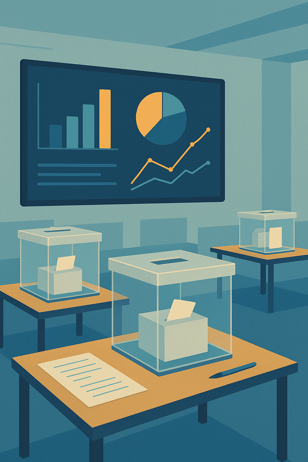 Escena general de un proceso electoral con urnas genéricas y personal trabajando