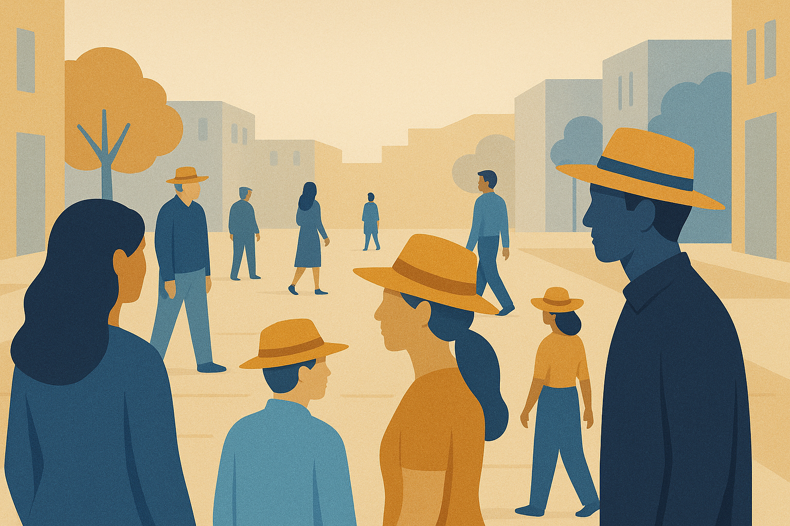 Personas en una plaza con sombreros genéricos como símbolo ciudadano